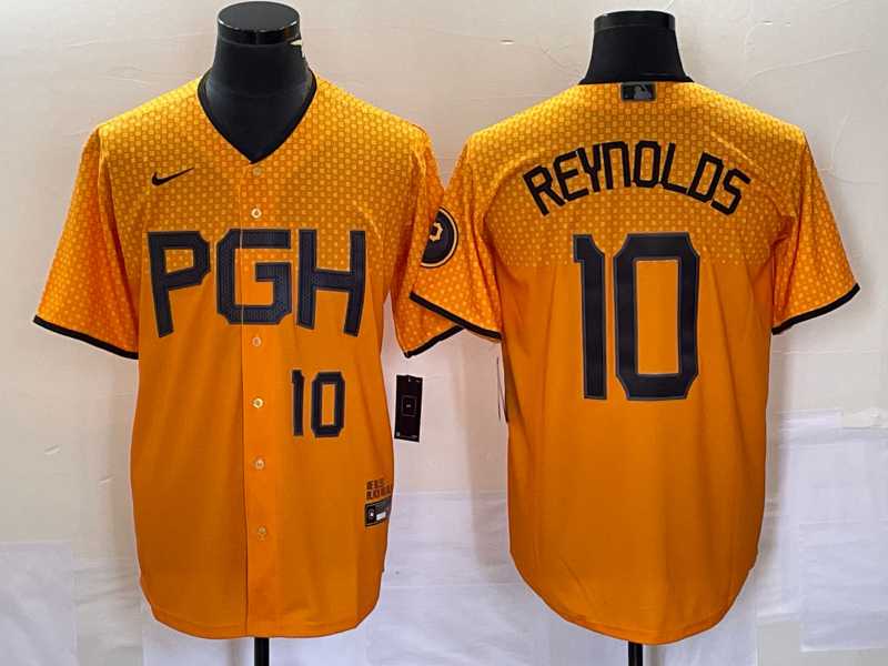 Mens Pittsburgh Pirates #10 Bryan Reynolds Number Gold 2023 City Connect Stitched Jersey1->pittsburgh pirates->MLB Jersey
